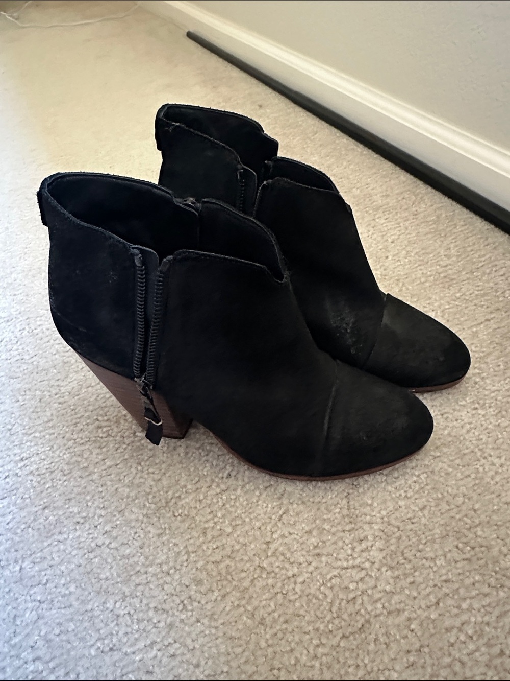 rag & bone Black Margot Suede Ankle Booties with Stacked Heel